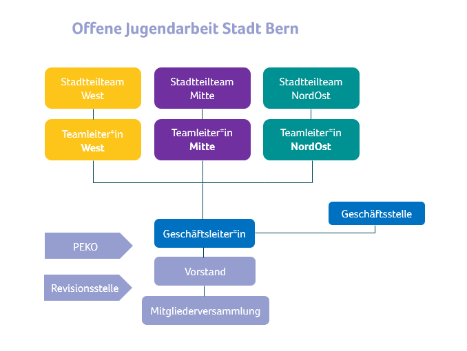 Das Organigramm vom toj. die Stadtteilteams West, Mitte und NordOst mit einer jeweiligen Teamleiter*in sind der Geschäftsleiter*in unterstehlt. Die Stabstelle der Geschäftsleiter*in ist die Geschäftsstelle. Der Vorstand ist der Geschäftsleiter*in vorgesetzt und diesem die Mitgliederversammlung. Die Personalkomminsion und die Revisionsstelle sind Kontrollstellen für den gesamten toj. 